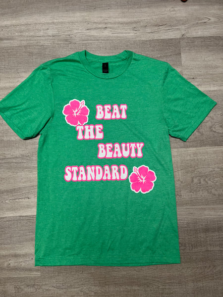 Wear the bikini tee: heather green & hot pink