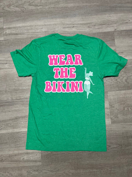 Wear the bikini tee: heather green & hot pink